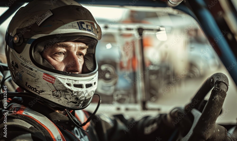 A focused racing driver in a full protective helmet and suit seated inside the cockpit of a high-performance race car, ready for competition. A focused racing driver in a full protective helmet and suit seated inside the cockpit of a high-performance race car, ready for competition.