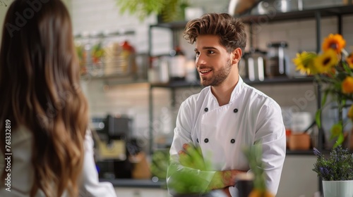 Chef in Uniform Talking to Woman in Kitchen