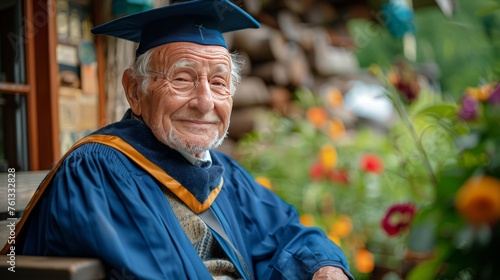 Older Man in Graduation Gown Sitting Among Flowers