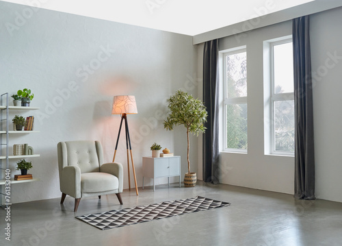 Grey stone wall background and guillotine windows, sofa, pillow, lamp and green vase of plant, bookshelf, carpet interior decoration.
