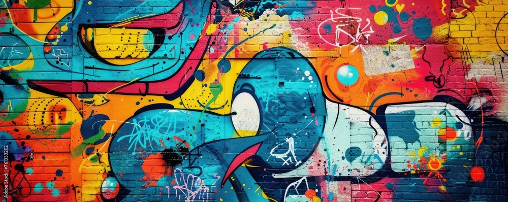 Fototapeta premium A vibrant, colorful graffiti art covering a massive brick wall, showcasing street art culture.