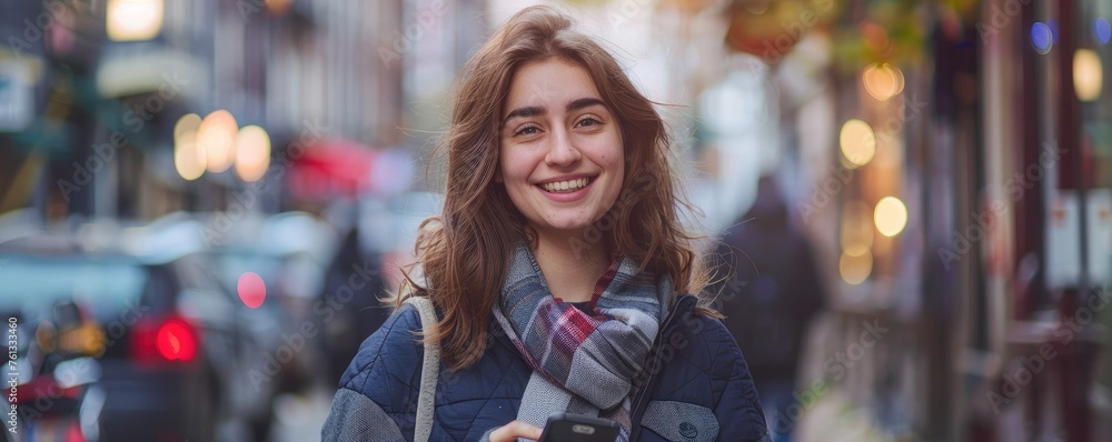 A happy young woman with curly hair looking at a smartphone in the city street