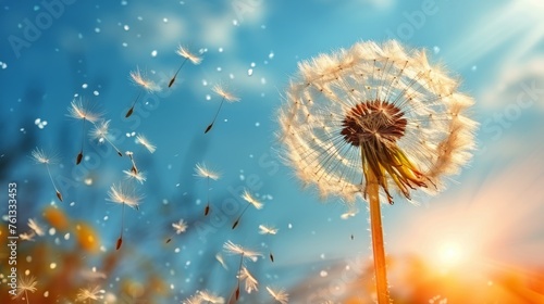 Dandelion Blowing in Wind on Sunny Day