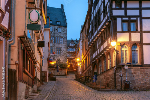 Night medieval street with traditional half-timbered houses  Marburg an der Lahn  Hesse  Germany
