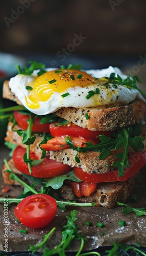 Gourmet sandwich highlighting poached eggs in professional food photography session