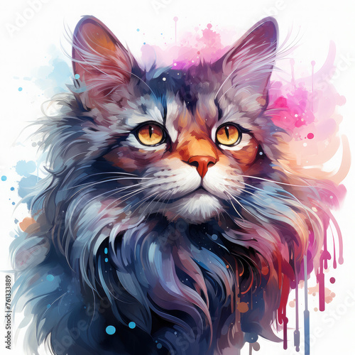Watercolor Celestial Cat Illustration, Generative Ai