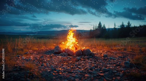 Campfire Burning Bright in Field at Night