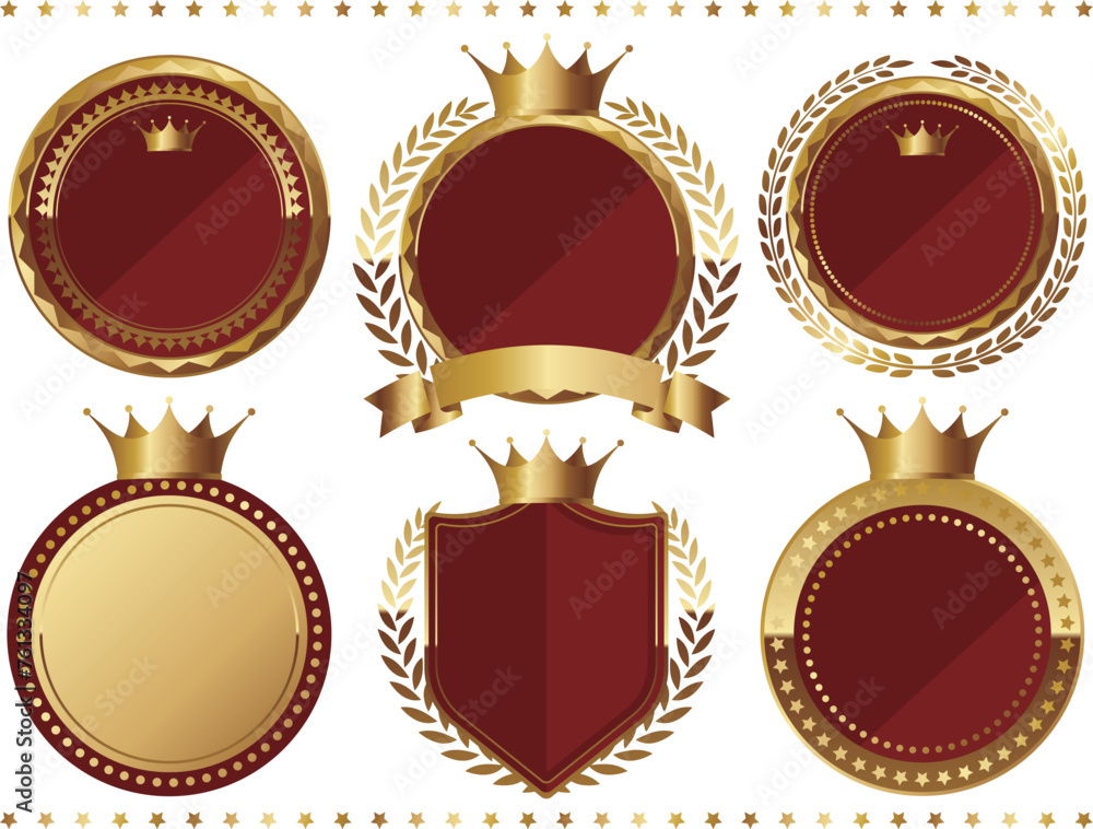 高級感のある王冠のエンブレム6種セット　レッド＆ゴールド