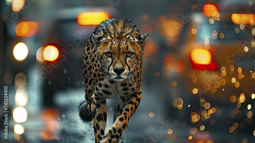 A cheetah swiftly delivers packages in a busy city, navigating through traffic with agility, embodying rapid courier services.