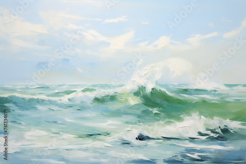 Seascape in soft green tones. Oil painting in impressionism style. © Osadchyi_I
