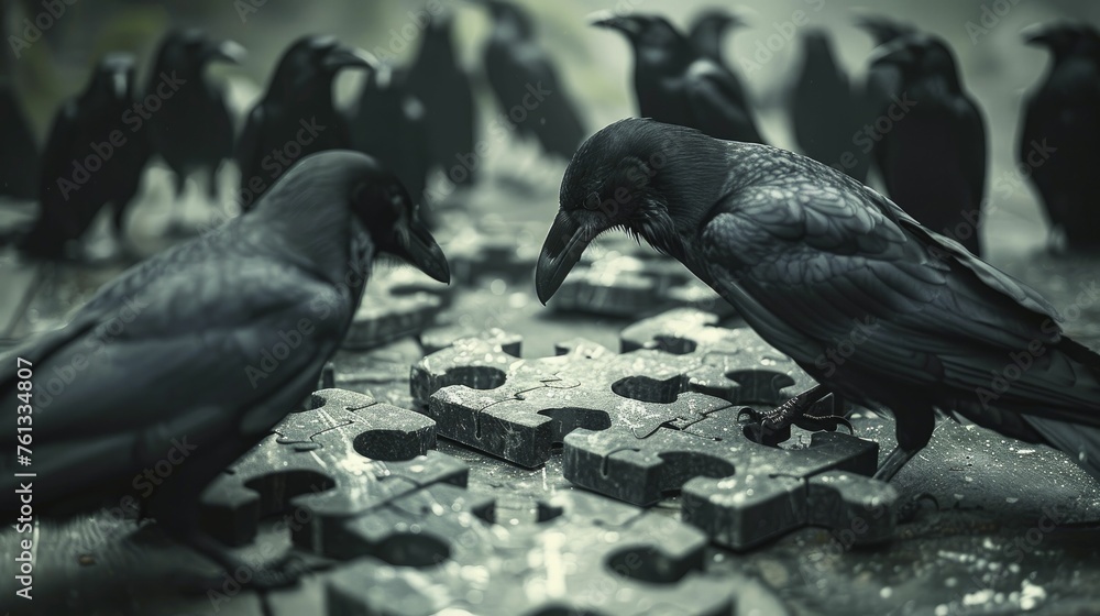 A murder of crows assembling a complex puzzle, each piece representing different components of a tech startup, illustrating teamwork and strategic problem solving. - obrazy, fototapety, plakaty 