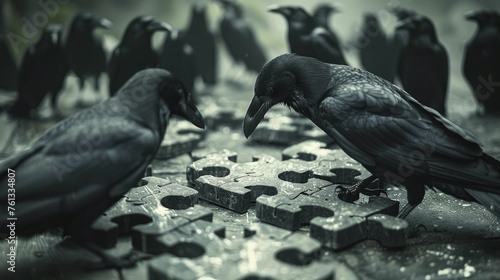 A murder of crows assembling a complex puzzle, each piece representing different components of a tech startup, illustrating teamwork and strategic problem solving.