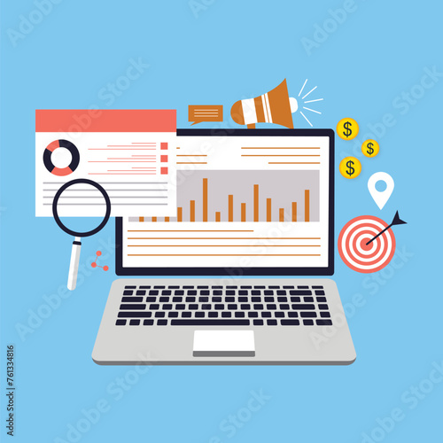 SEO analytics - Web browser window with search engine optimisation graphs, charts and diagrams showing growth and positive results. Semi flat design vector