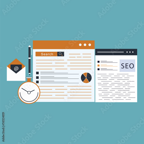 SEO analytics - Web browser window with search engine optimisation graphs, charts and diagrams showing growth and positive results. Semi flat design vector