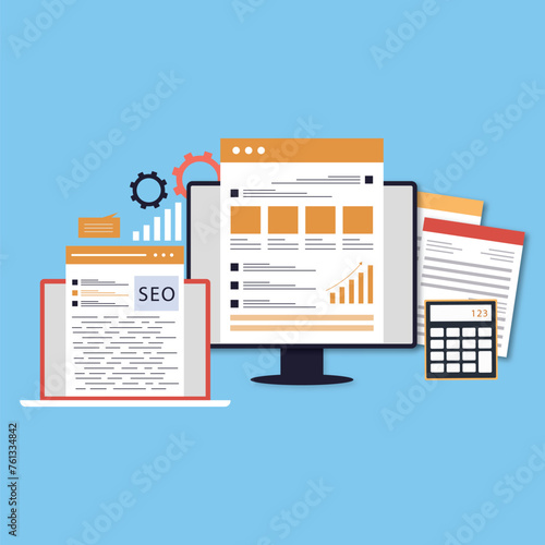 SEO analytics - Web browser window with search engine optimisation graphs, charts and diagrams showing growth and positive results. Semi flat design vector