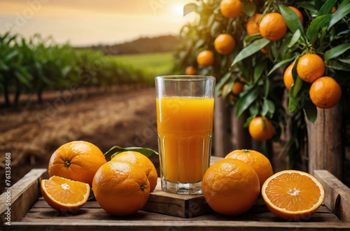 Orange juice with fresh orange in a wooden box at an orange farm