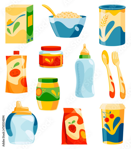 Baby healthy food in jars, bottles and boxes. Kids meal icons set, isolated on white background. Vector flat cartoon illustration of fruit and vegetable puree, porridge, milk and biscuits