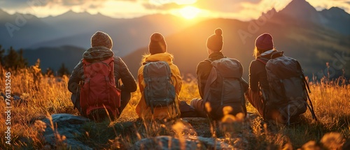 Group of friends share a moment of camaraderie atop a mountain, surrounded by autumn's splendor, embodying adventure, hiking, and the essence of outdoor travel.