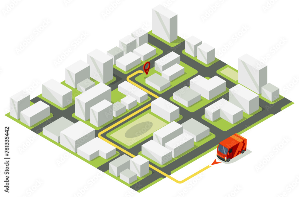 Delivery service isometric vector illustration. Parcel transportation map. Truck delivery. Shipping destination. Logistic and distribution 3d concept. Website, app design