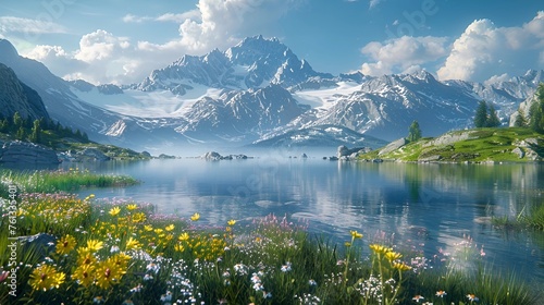 Majestic Alpine vista at sunrise  shimmering lakes  wildflowers  snow-peaked mountains  serene ambiance 