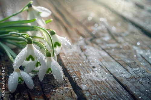 A delicate bouquet of fresh snowdrops with dew drops on their petals, lying on a rough, aged wooden plank.