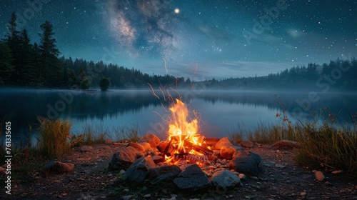 Campfire Burning Bright in Field at Night