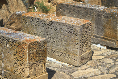 Old tombstone with carvings in Gobustan reserve