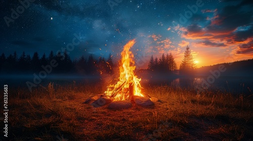 Campfire Burning Bright in Field at Night