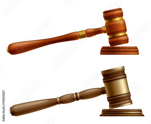 Wooden brown judge gavel, decision glossy mallet for court verdict. 3d realistic vector, isolated on white background. Auction hammer with gold on the stand. Law and justice system symbol