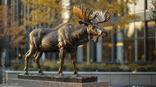 Moose cast in bronze, standing at the entrance of a renowned financial institution, embodying trust, longevity, and a solid foundation in finance. © Manyapha