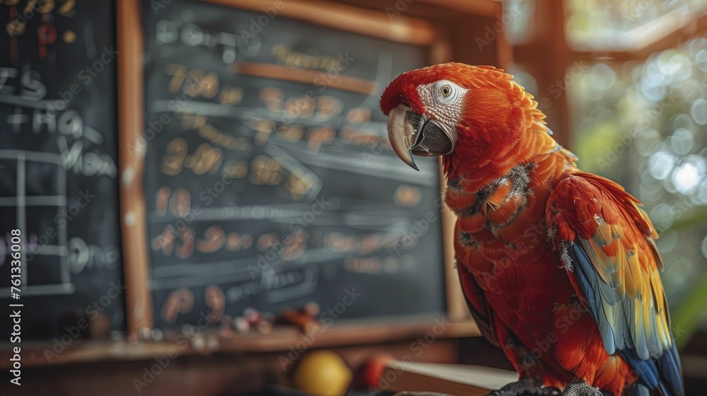A parrot stands before a classroom chalkboard adorned with mathematical equations and languages, embodying engaging and dynamic educational platforms. - obrazy, fototapety, plakaty 