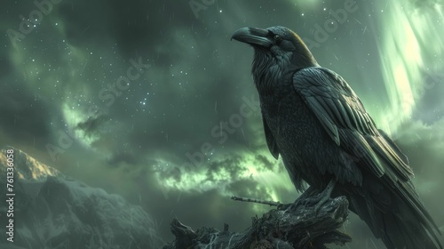 Raven sitting on a branch with a backdrop of the northern lights, holding a quill, depicting the fusion of natural wonder with the art of storytelling in branding.