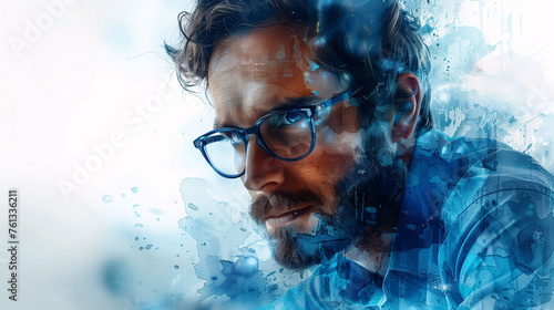 Abstract portrait of a thoughtful man with glasses, blending with dynamic blue watercolor splashes, depicting creativity and emotion.
