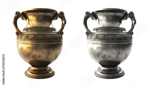Gold and silver antique vases. Beautiful old amphor from the museum on the transparent background.