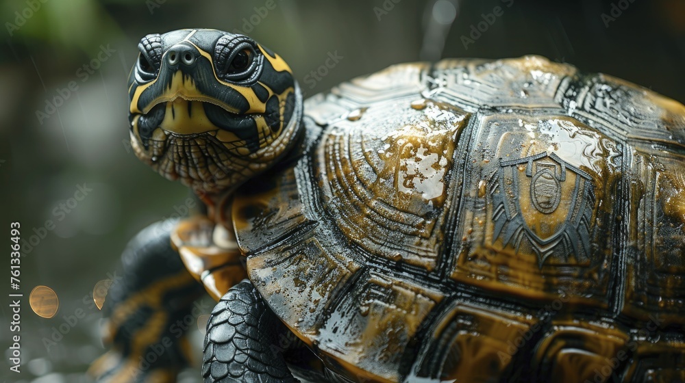Naklejka premium Turtle in a protective stance, shell designed as a shield with a company logo, representing reliability and security in services offered.