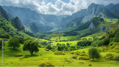 Majestic view of beautiful lush green valley with trees and colorful grass against picturesque high mountains in asturias in spain © Olivia Studio