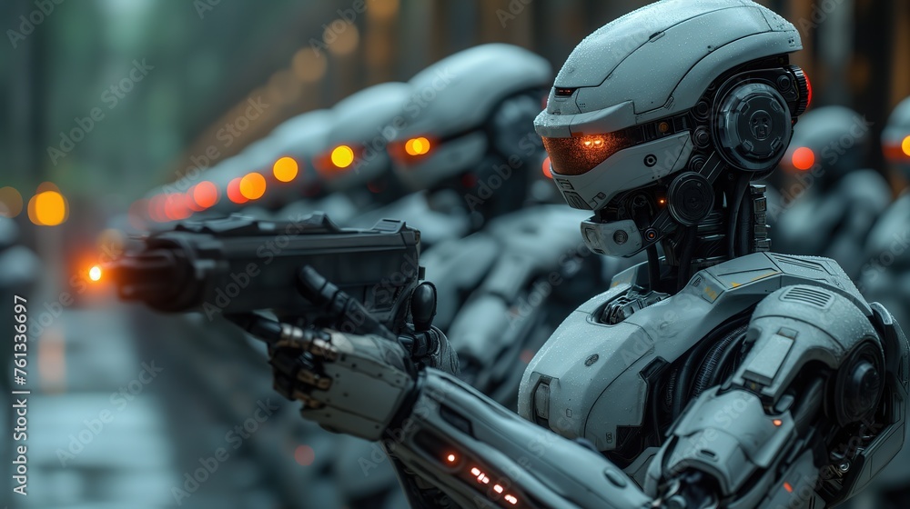 Fototapeta premium autonomous Armed force cyborg robots at quarter, Sci-fi fantasy futuristic theme, Generative Ai