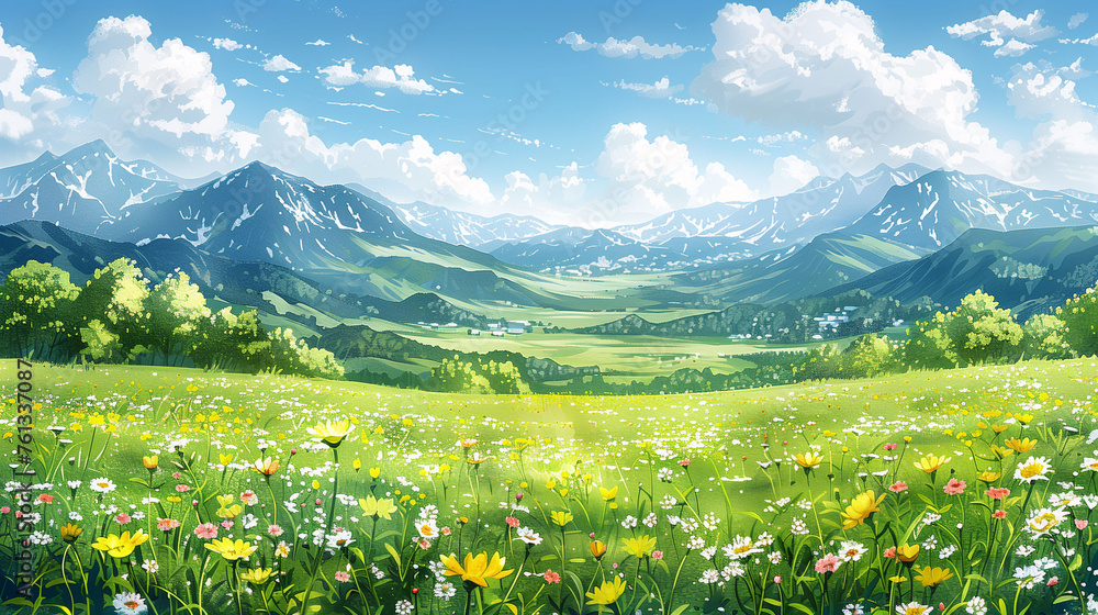 Idyllic summer landscape with blooming meadow, mountains, and clear blue sky.
