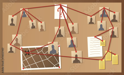 Detective office interior element. Wall board, wits and deduction system. Crime and criminal evidence. Vector flat style cartoon illustration isolated on white background