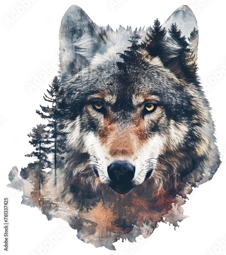 Watercolor Double Exposure of a  Wolf Head and Forest, isolated on white . AI generated Illustration.