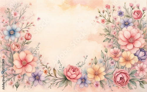 watercolor illustration of a large space for a note with small white and colorful flowers on the left side on a soft pastel background with a hint of floral pattern.