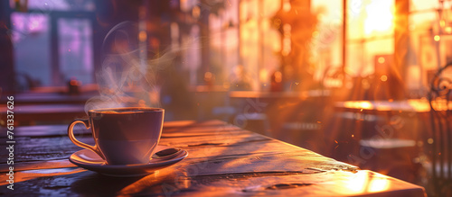 coffee on warm sunrise bathed wooden table in a cafe interior. coffee art concept. copy space