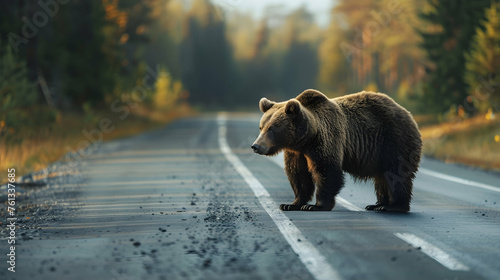 Bear standing on the road near forest at early morning 