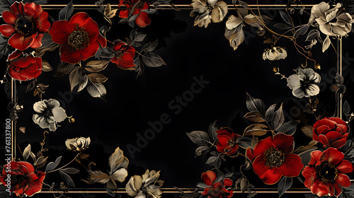 A beautiful floral design with red hearts, leaves, silver and gold accents. The flowers are arranged in a way that creates a sense of movement and flow, with some of them appearing to be intertwined photo