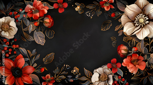 A beautiful floral design with red hearts, leaves, silver and gold accents. The flowers are arranged in a way that creates a sense of movement and flow, with some of them appearing to be intertwined photo