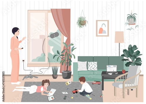 Woman, mom of two kids, cleaning windows at home with vacuum robotic cleaner. Woman that is a mother, housekeeper and business lady at the some time. Vector illustration.