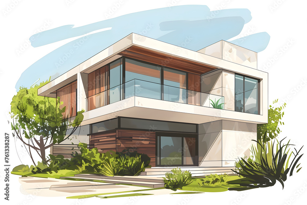 Stilvolles Wohnen: Illustration eines modernen Hauses für zeitgemäße Architektur- und Wohnkonzepte auf weißem Hintergrund