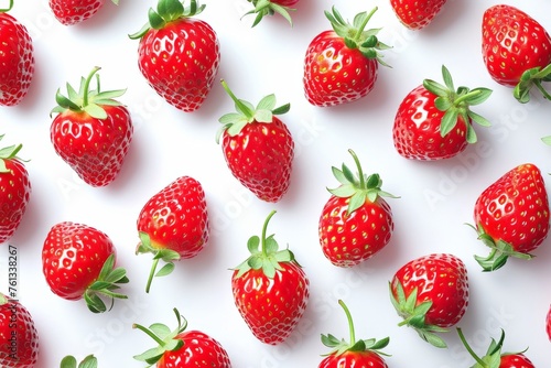 Pattern of fresh red strawberries arranged on white background as a natural and vibrant fruit display