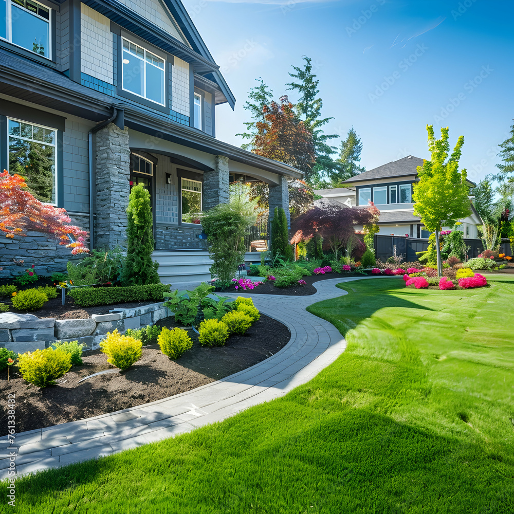 Front yard, landscape design with multicolored shrubs intersecting with bright green lawns behind the house is a modern, garden care service, green grass with a beautiful yard for the background