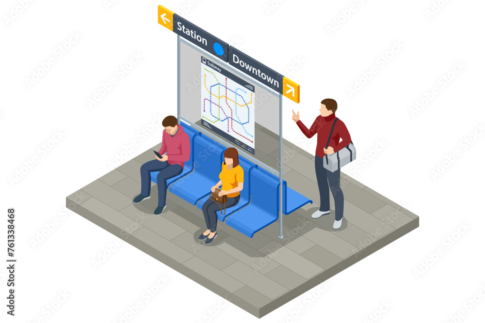 Isometric subway station Platform. metro or subway map. Underground way. Fictional metro map. Subway station platform. High speed train.